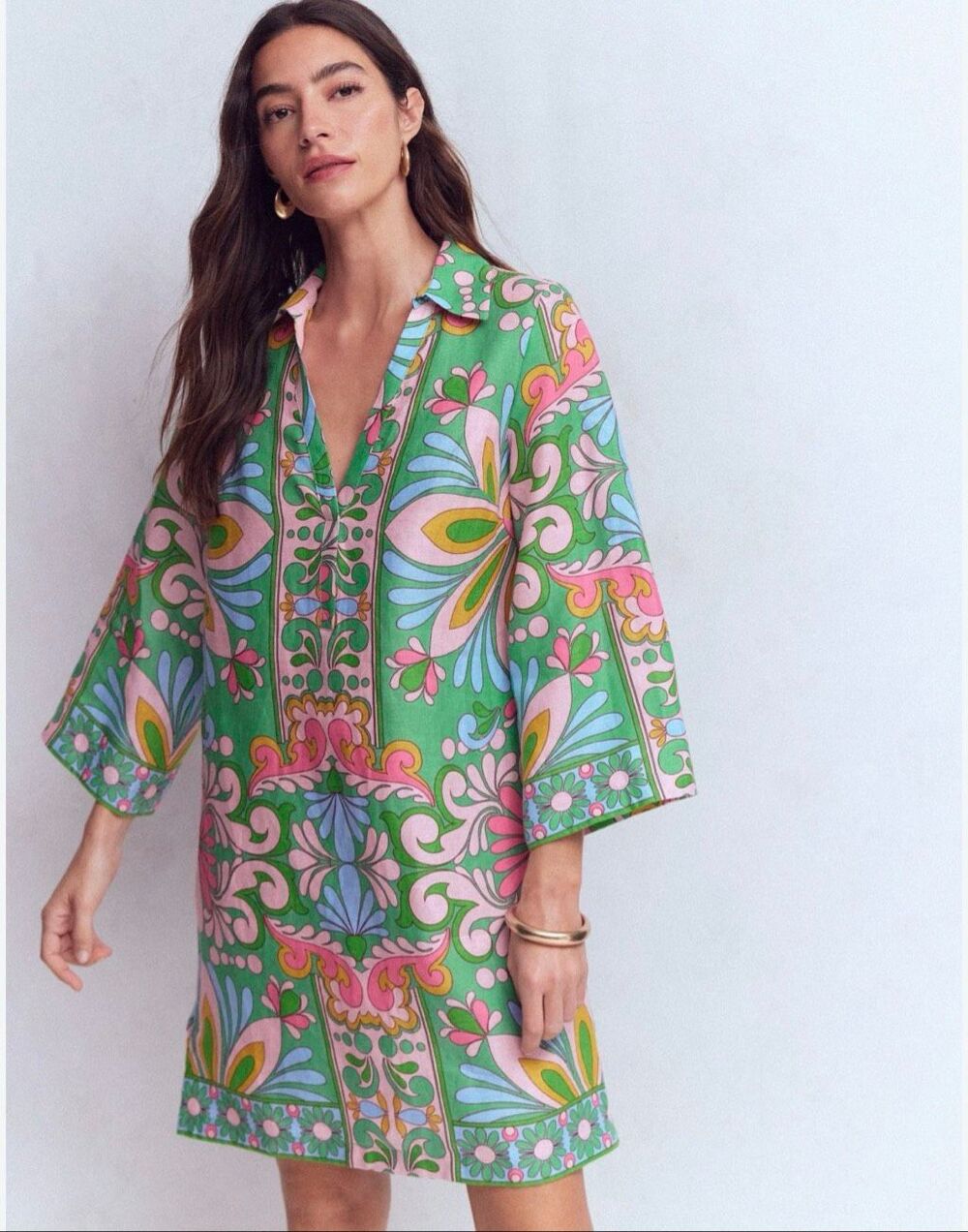 Boden Carmen Linen Dress 12R Bloom Tapestry 70s Kaftan Floral Boho Green